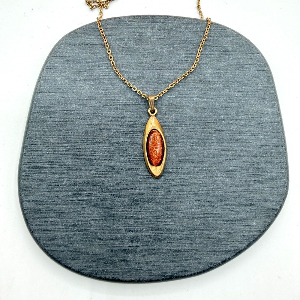 Gold Tone Goldstone Oval Pendant Necklace Copper Tone Glitter Art Glass Jewelry
